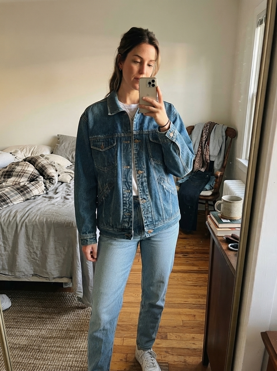 The same person wearing the garment after the virtual try-on