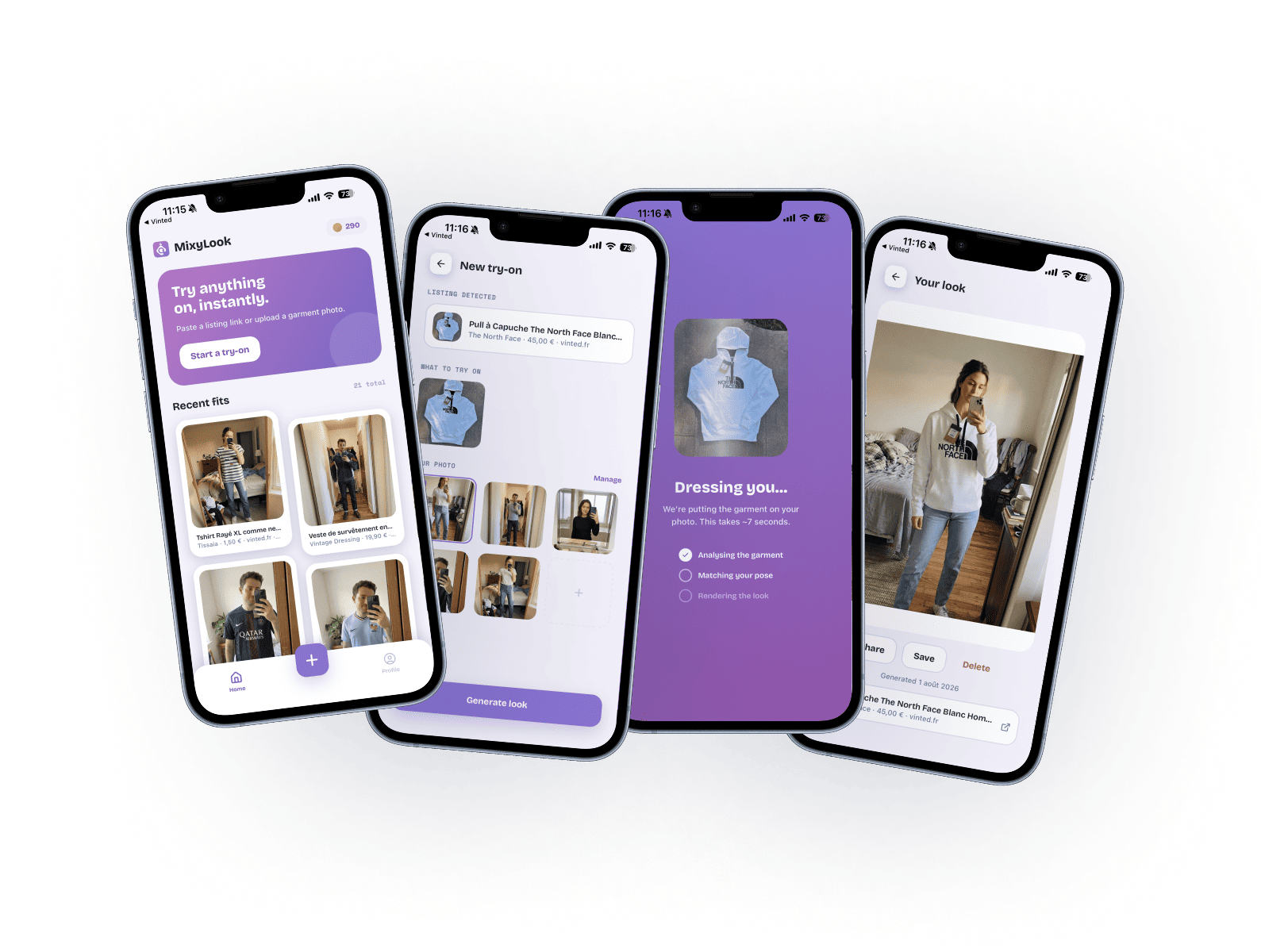 The MixyLook app on a phone, from the home screen to a finished try-on